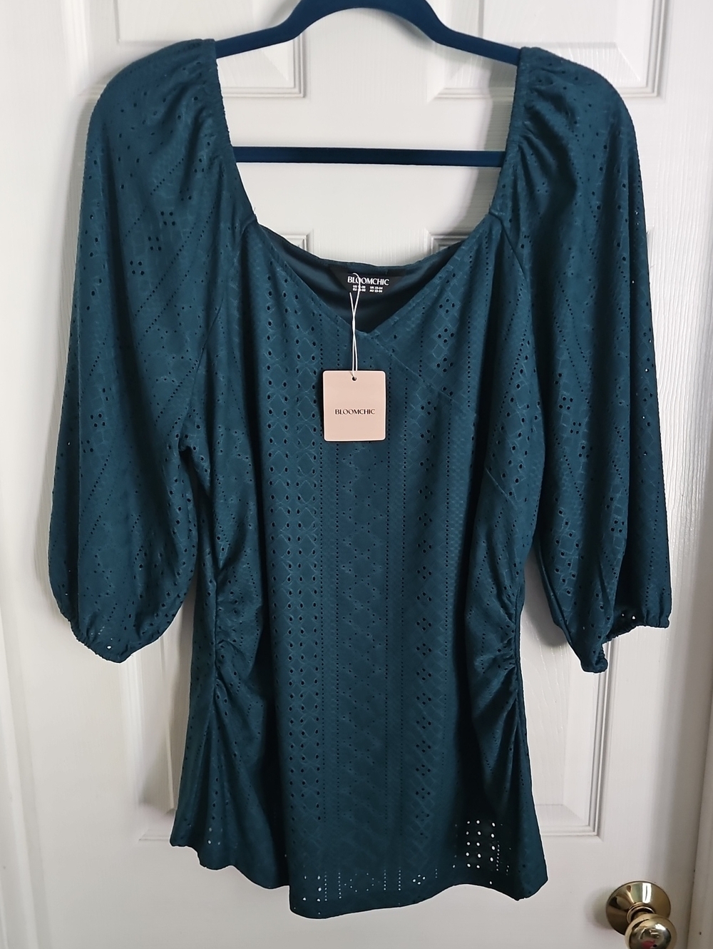 BloomChic Teal Hunter Green Eyelet Puff-Sleeve Blouse 22-24 Plus NWT